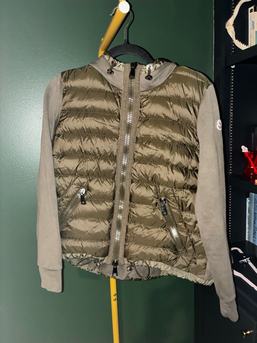 Moncler Olive Green Quilted Puffer Jacket with Knit Sleeves